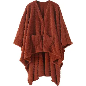 Wearable Blanket Poncho Cape Wrap for Adult, Cozy Sherpa Fleece Pocketed Shawl TV Throw Blankets for Office and Lounge(Caramel,58'' x 64'')