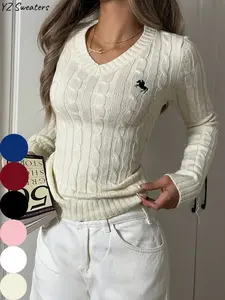 Women's Horse-Embroidered V Neck Sweater Pullover, Casual Long Sleeve Jumper for Spring & Fall, Fashion Women's Knitwear for Daily Wear, Womenswear