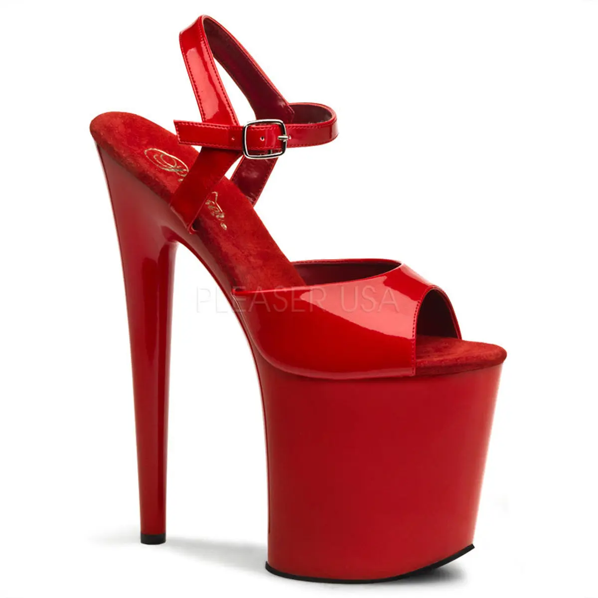 Women's 8-Inch Stiletto High Heels, FLAMINGO-809 Red Patent Buckle Footwear
