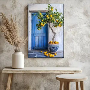 Mediterranean Lemon Tree Wall Art Blue Door Rustic Print Italy Inspired Kitchen Decor Colorful Fruit Canvas Painting Indoor Decor for Kitchen Dining Room Living Room Mediterranean Charm