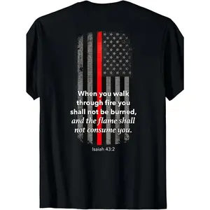 Firefighter Bible Verse T-Shirt for Men & Women, Psalm 43:2 Scripture & Thin Red Line Fire Department Design, Christian Apparel with American Flag Colors, Breathable Elastic Cotton, Regular Fit, Machine Washable, All-Season Casual & Fire Station Events