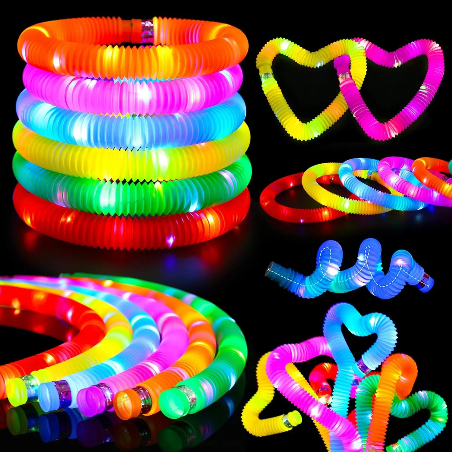 24 Pcs Kids' Glow Sticks Toys - LED Light-Up Pop Tubes, Bracelets, Happy Birthday Halloween Glow in Dark Party Supplies, Gift Bag Stuffers