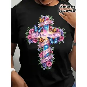 Women S Faith Based Cotton T Shirt Featuring Floral Butterfly Cross Design With Inspirational Biblical Quotes Including God Says You Are Loved Beautiful Comfortable Short Sleeve Round Neck Casual Pullover For Spring And Autumn