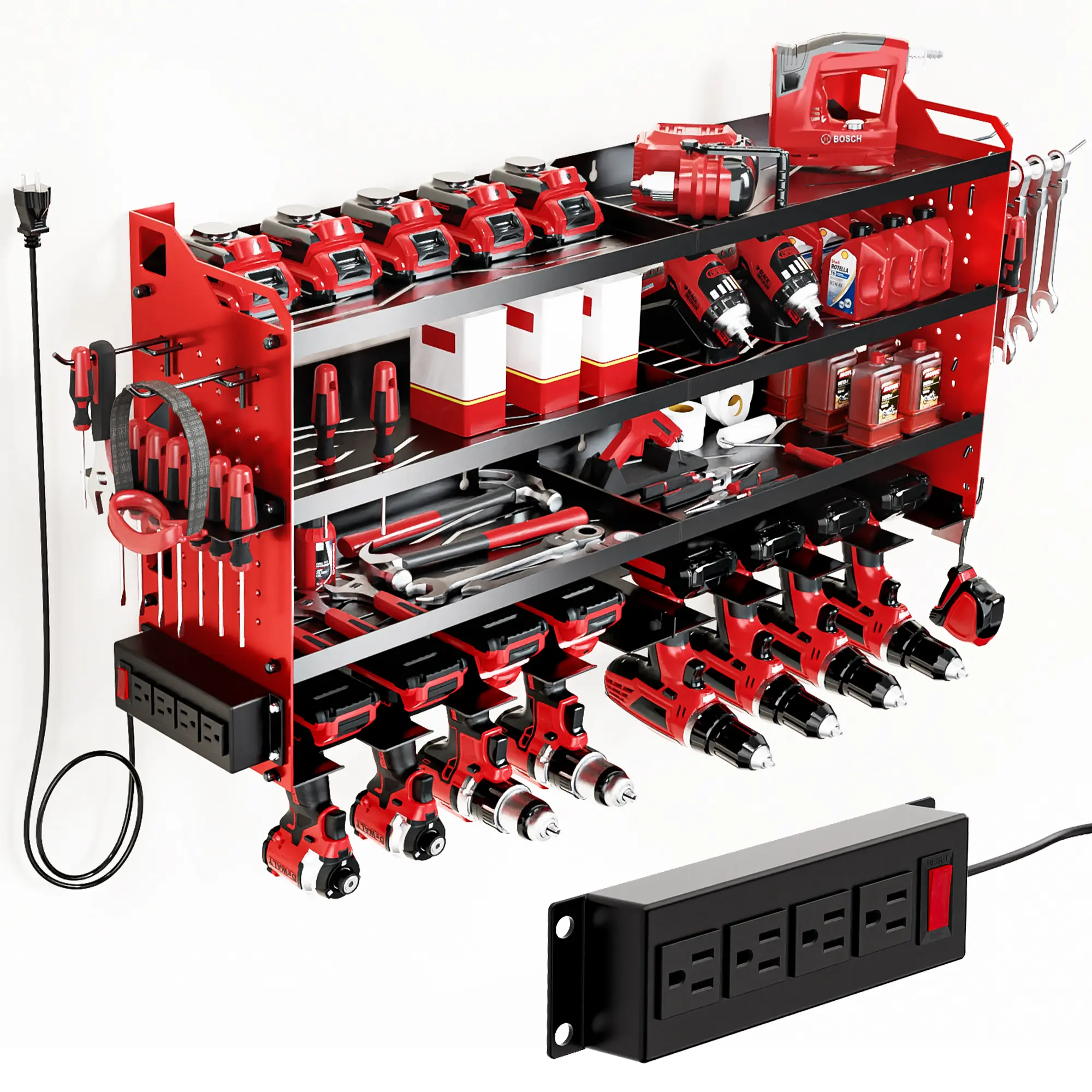 Power Tool Organizer with 4 Charging Stations Heavy Duty Garage Tool Shelving 8 Drill Holders Creator Recommendation Tool Rack Men's Gift