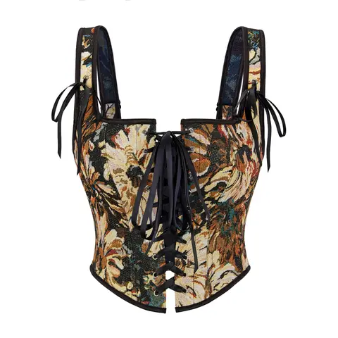 Women's Overbust Floral Print Sleeveless Lace-Up Adjust Corset Top - Lady Cute Vintage Renaissance Bodice, Front Lace, Fabric Zipper Shapewear Tank, Basic Party Valentine's Day Costume (73028-D1)