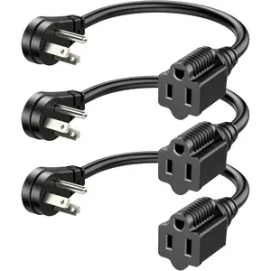 L-PSP004  1FT Short Extension Cord, Flat Head Extension Cord Indoor with 3 Prong, Low Profile Power Cable SJT 14 AWG Flexible Power Cord for Home Kitchen, ETL Listed, 3 Pack