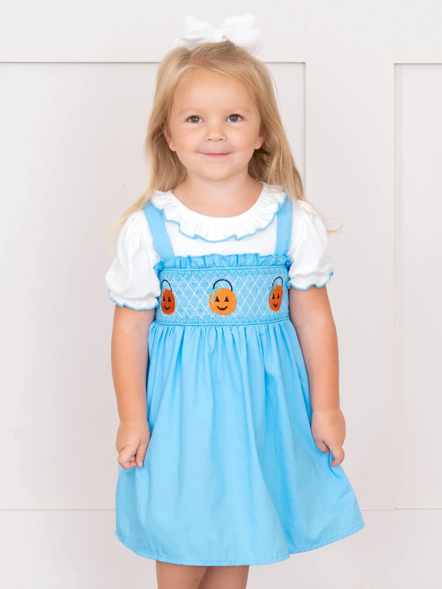 Smocked Pumpkin Pail Ruffle Overall Dress Set
