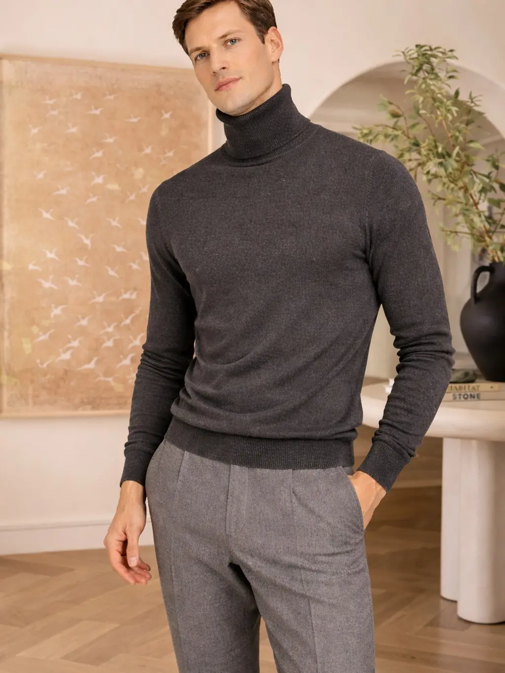 State Cashmere Men's Turtleneck Basic Sweater