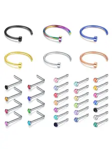 34-Piece Stainless Steel Nose Ring Set, Colorful Rhinestone Studs, Unisex Body Piercing Jewelry, All-Season Fashion Accessories, Nose Piercing Kit