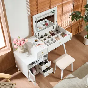 3-in-1 Vanity Desk with Lighted Flip-Top Mirror & Adjustable Cabinet Makeup Dressing Table with Stool Dresser with Drawers for Bedroom White Vanitytableset Vanitydrawers Vanitydeskspace