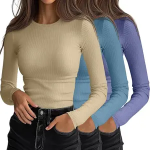 Ficerd 3 Pack Women's Ribbed Long Sleeve Tops, Crew Neck Slim Fit Undershirts Knit Basic Casual Stretch Layering Tee ShirtsRAIMENTRY