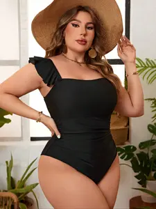 Ruffle Square Neck One-Piece Swimsuit, Ruffle Hem Swimsuit, Plus Size Slimming Cover-Up, Vacation Hot Spring Beach Essential, Sexy Bikini, Bathing Suits Tummy Control