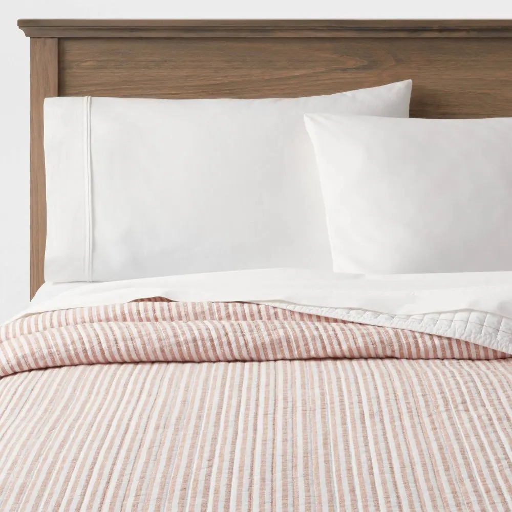 King Reversible Cotton Stripe Quilt Terracotta - Threshold: Midweight Machine Washable OEKO-TEX Certified