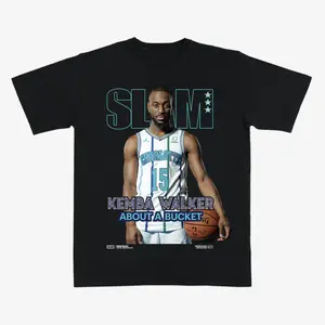 Kemba Walker "About A Bucket" T-Shirt – Black Vintage Slam Magazine Style Graphic Tee, Retro Apparel Honoring the Hornets Legend.