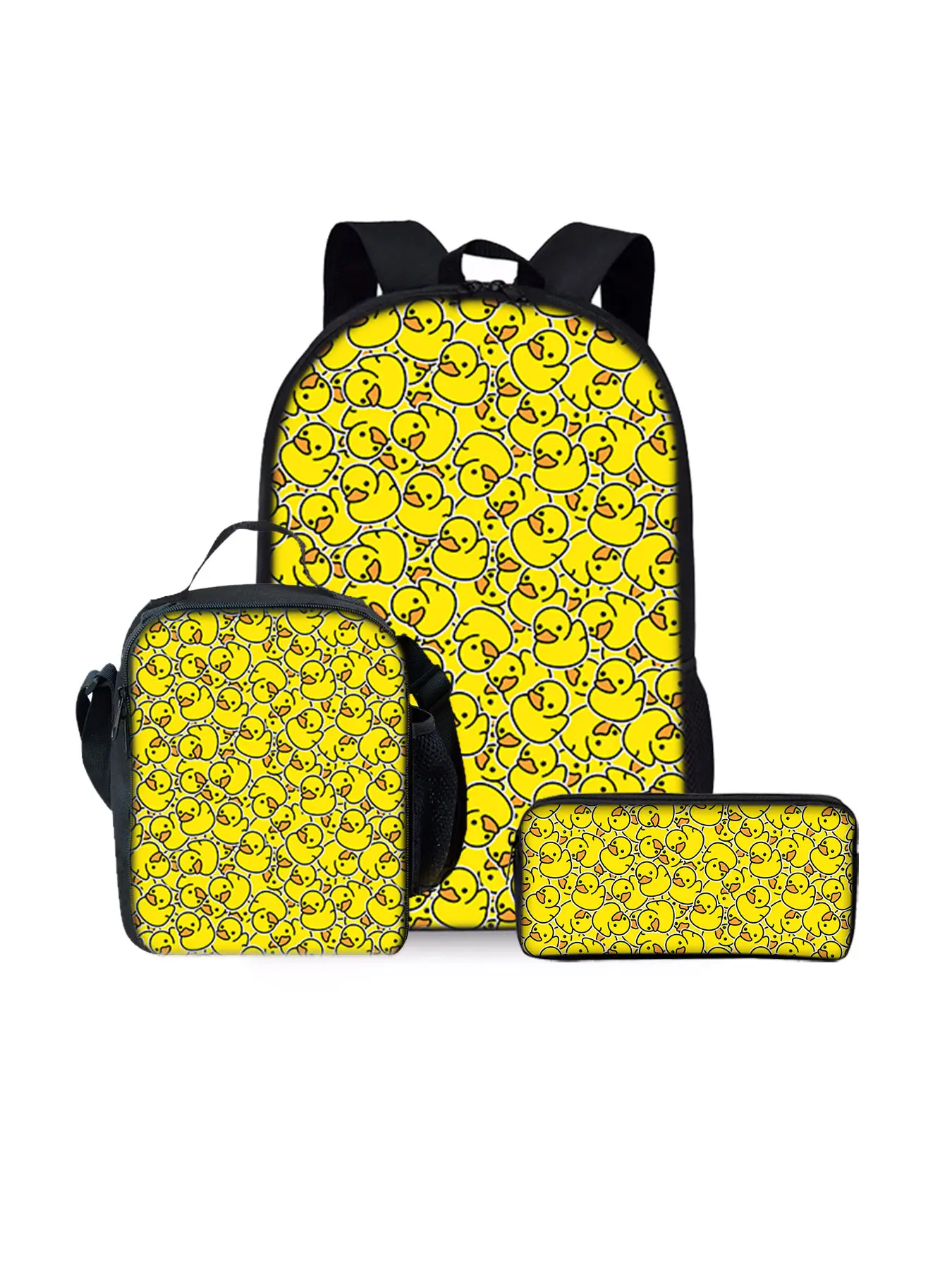 Little yellow duck pattern printed 17-inch Cute Versatile Backpack three-piece set (single-layer backpack + shoulder strap lunch bag + single-layer pencil case)