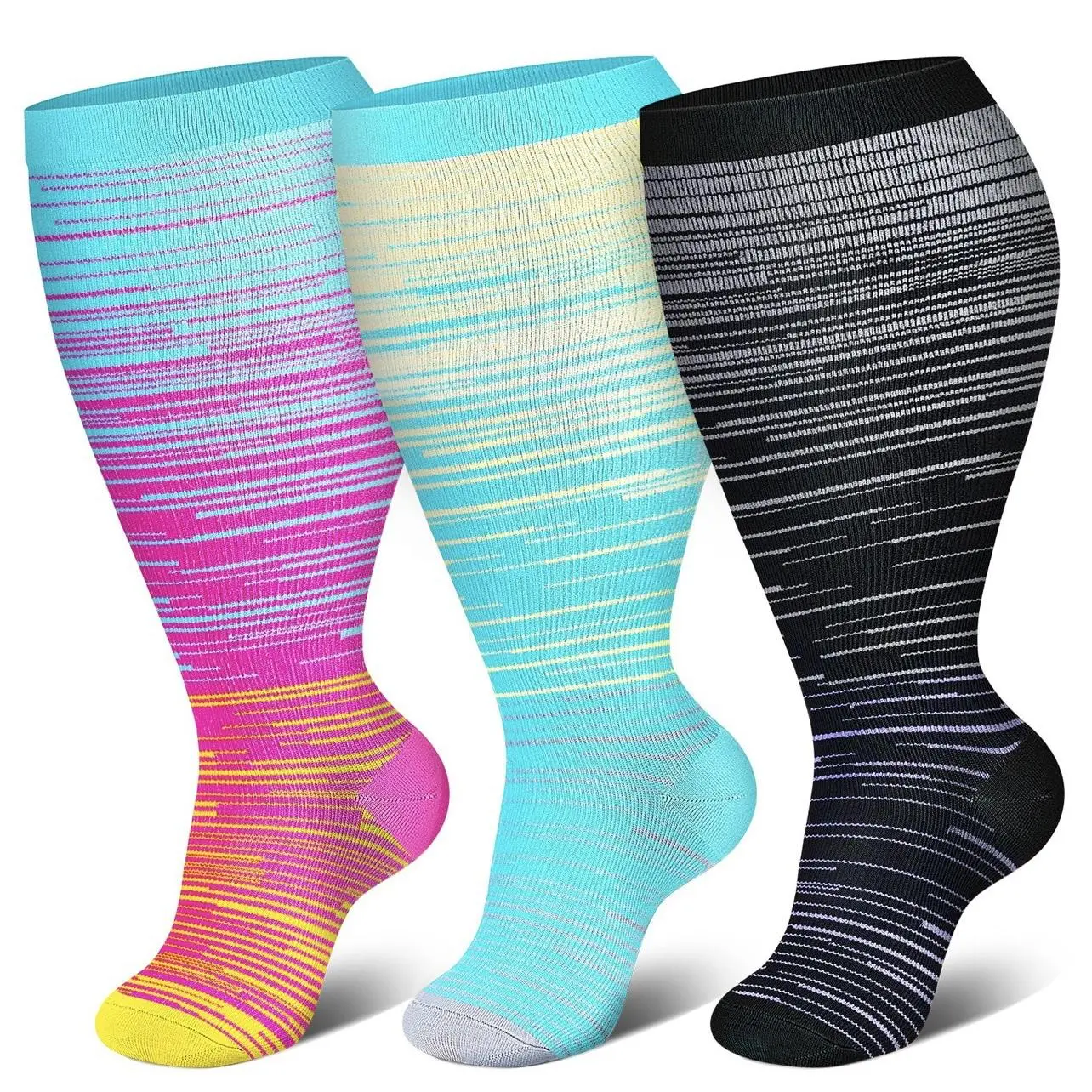 Women's Wide Calf Striped Sports Socks - Oversized Plus Size Compression Athletic Socks for Gym Running, Active Recovery Over-the-Calf All Season Athletic Wear, Active Recovery Over-The-Calf Socks