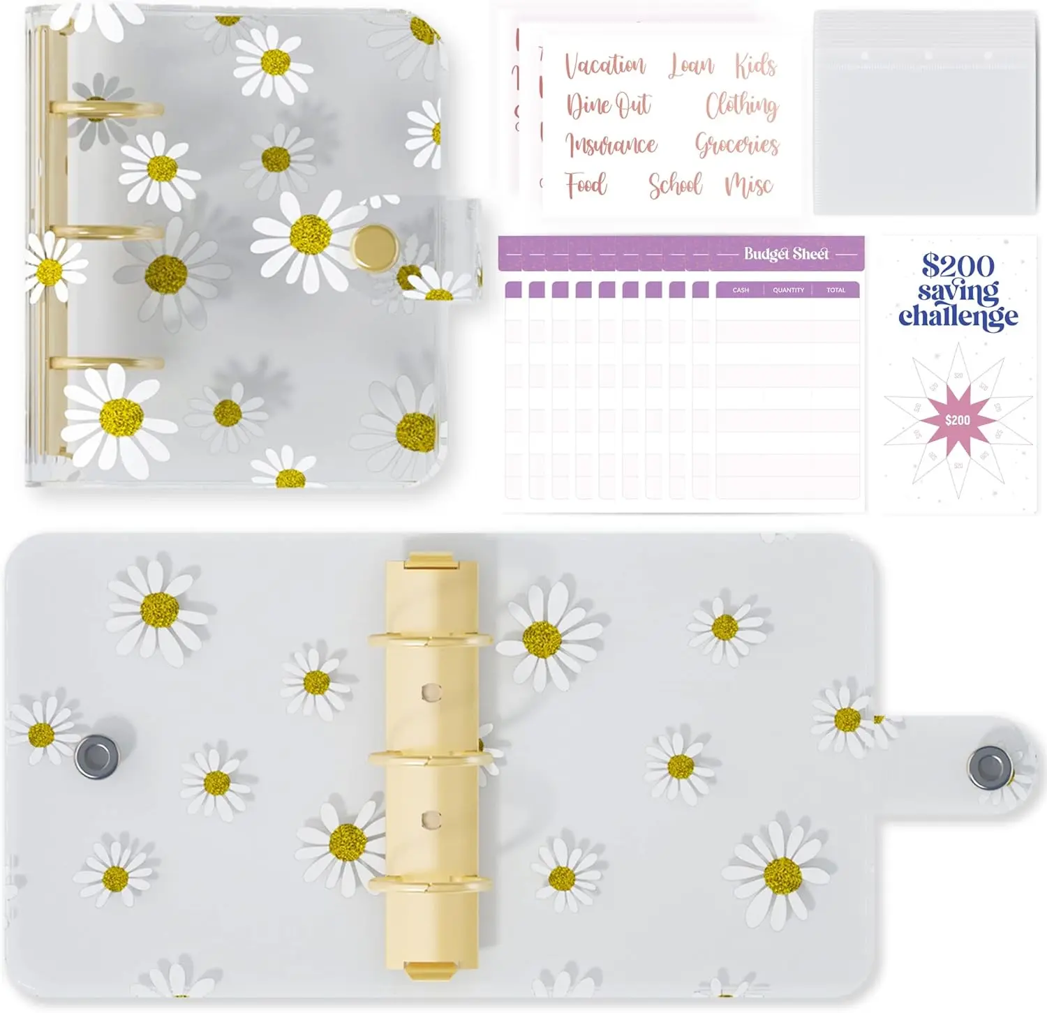 Mini Binder With  Envelopes - Cute Daisy Yellow A8 Wallet,  Organizer, 3 Ring Clear Budgeting Planner for  Savings