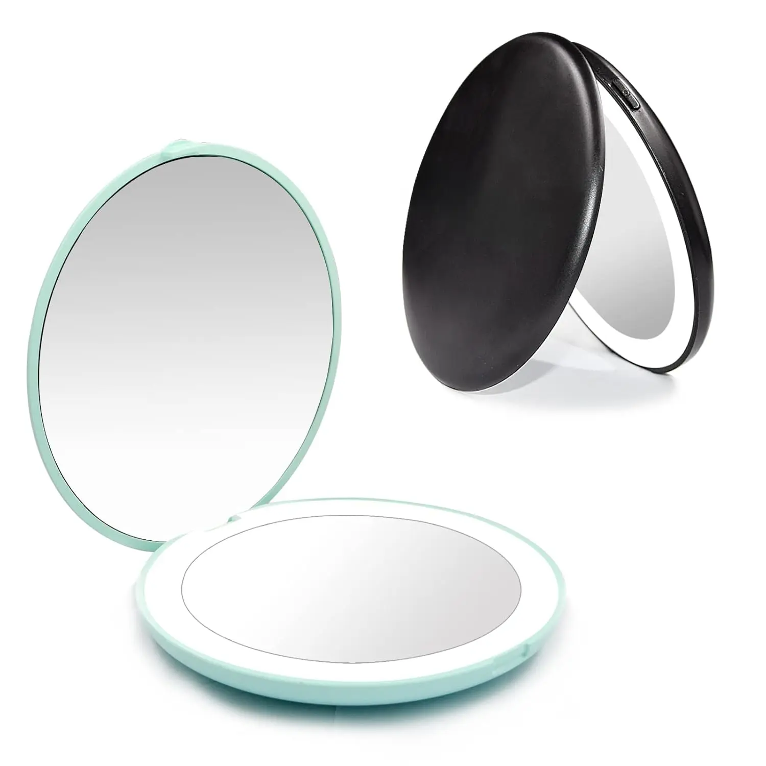 Travel Compact Mirror,Portable 1x/10x LED Makeup Mirror with Magnification,Handheld 2-Sided Pocket Mirror, 3.5in Small Mirror for Purse,Handbag,,Cyan&Black,2 Pack