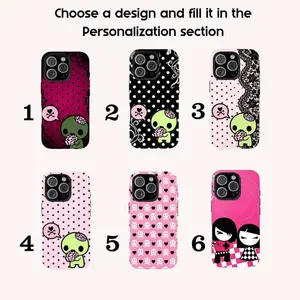 Y2K Kawaii Emo Zombie Phone Case – Pink & Black Polka Dot Skull Pattern Protective Cover for iPhone 17, 16, 15, 14, 13, 12