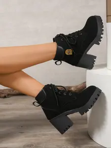 Women's Chunky Heel Ankle Boots, Plain Color, Comfortable and Stylish Footwear for Daily Wear, Perfect for Fall & Winter Seasons, Winter Warm Shoes