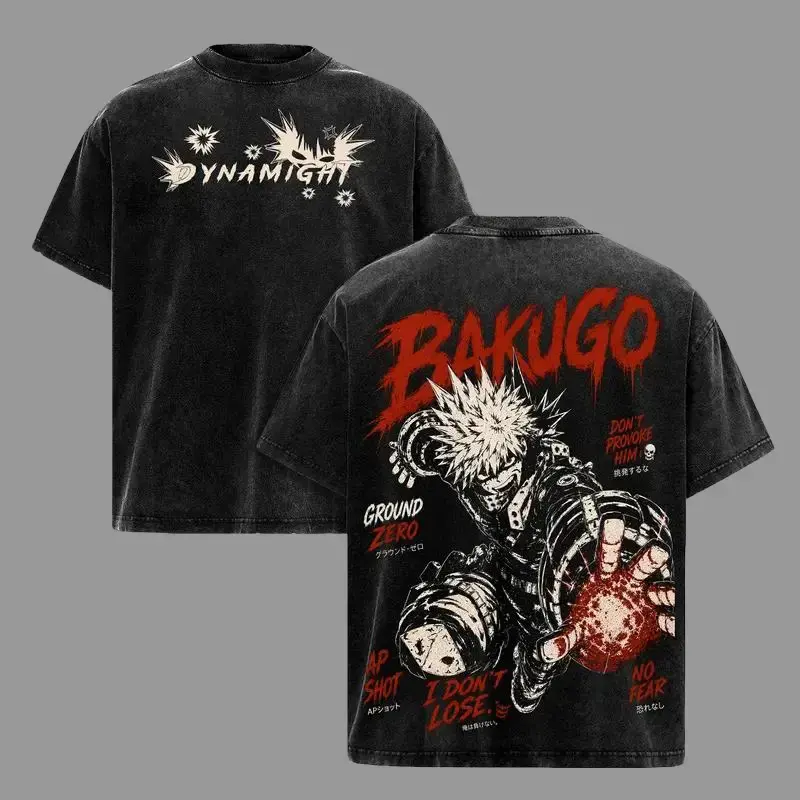 Men's My Hero Academia Katsuki Bakugo Oversized Washed Short-Sleeve Tee - Dynamight Graphic, Y2K Vintage Bootleg, Heavyweight Streetwear Shirt, Gift For Anime Fans