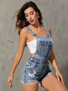 Women's Summer Washed American Style Elastic Tight Strap Sleeveless Shorts Overall, Comfortable and Stylish, Perfect for Casual Wear