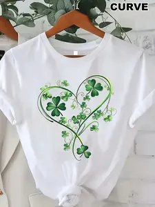 Plus Size - Plus Size - Women'S Plus Size T-Shirt |   Casual Short Sleeved Round Neck Top, Medium Stretch Fabric, Machine Washable, Comfortable Fit for All Seasons, Unique 2D Flat Print with Plant Design