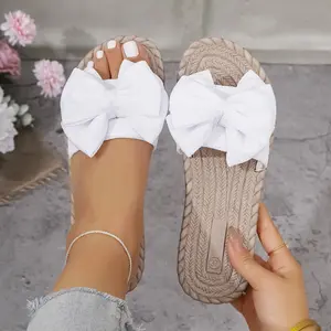 Women's Stylish Slide Sandals with White Bowknot - Casual Open-Toe Flats, Braided Strap Design, Lightweight Summer Shoes for Beach or Outdoor Activities, Strappy
