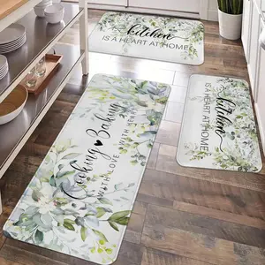 2/3pcs kitchen anti slip carpet floor mat set, green plant printed kitchen anti fatigue floor mat, soft and comfortable flannel anti slip kitchen carpet floor mat for kitchen, laundry room, bathroom, living room, decor floor mat, Farmhouse Kitchen Rugs