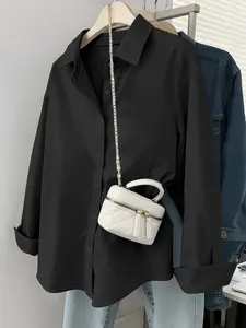 Women Solid Color Loose Long Sleeve Business Interview Commuting Casual Blouse Shirt, Fitted Design for All Seasons, Ideal for Graduation & Office Wear