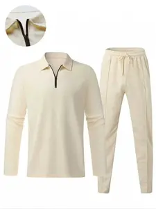 Men's Solid Color Waffle Texture Set, Half-Zip Polo Shirt & Elastic Waist Pants, Practical Pockets, Casual Spring&fall Wear