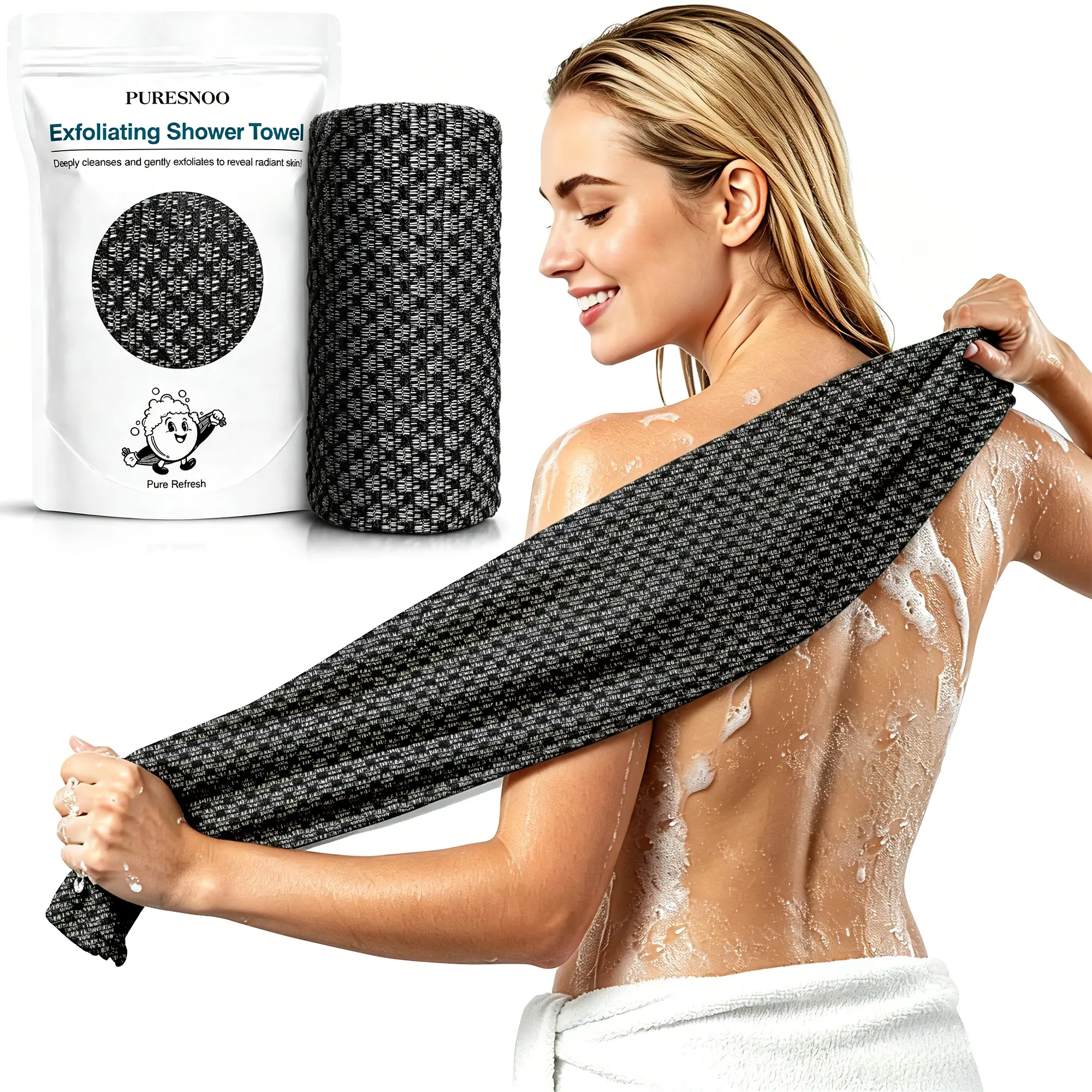 Exfoliating Shower Towel for Men Women, Silver Ion Bath Towel Washcloth, Durable Body & Back Scrubber for All Skin Types Deep Cleansing, Quick-Dry, 45-Inch Large Size, Black