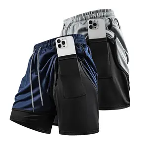 2PCS Men’s 2-in-1 double-layer high-stretch sports shorts with inner pocket — set of 3 for summer gym workouts and training, Solid Colour Shorts
