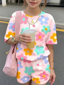 Spring Summer Girls' Fashion Casual Simple 2-Piece Set, Summer Clothes Set, Dopaamine Flower 3D Print Round Neck Short Sleeve Top and Shorts