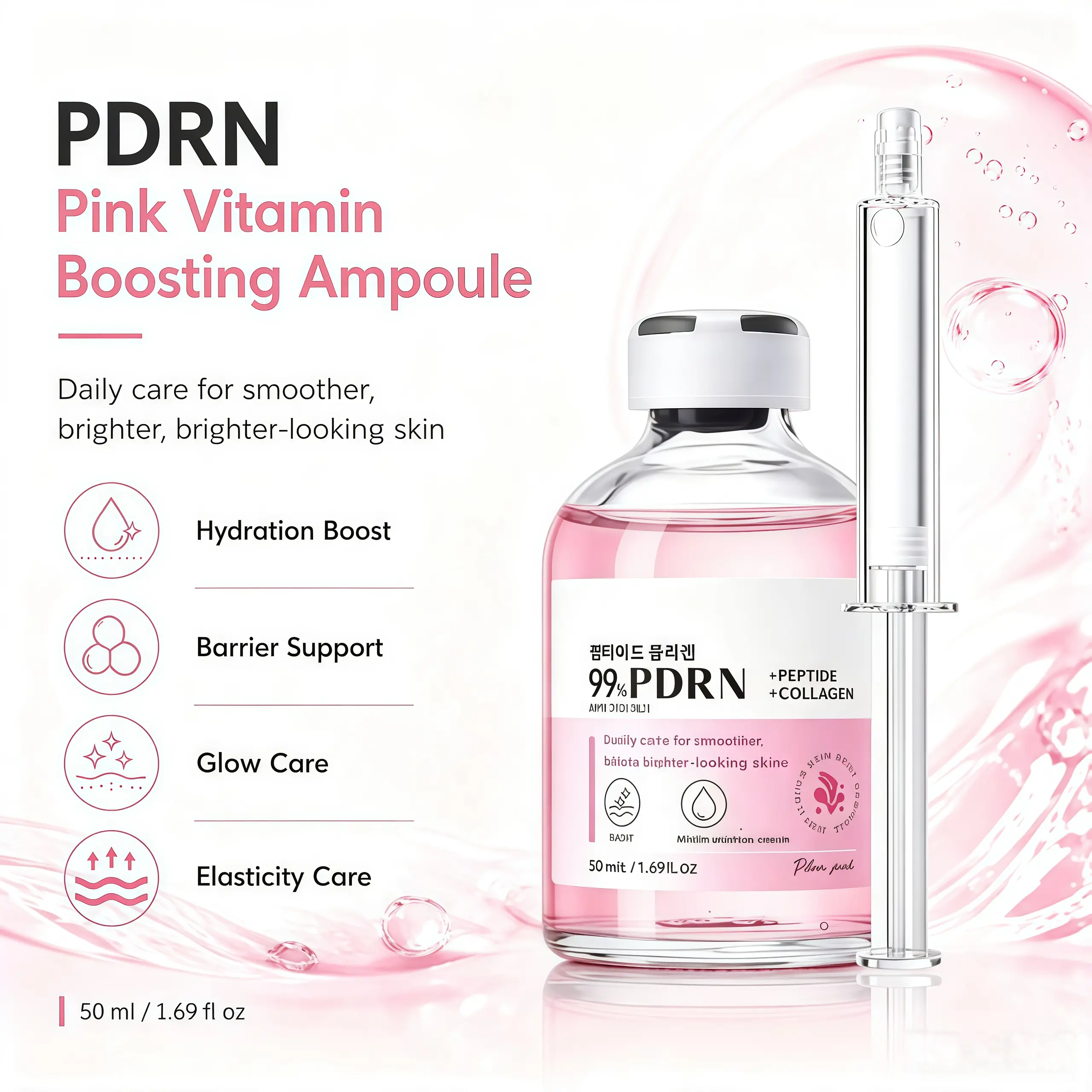 PDRN Pink Silk Peptide Ampoule, Deep Collagen Serum for Face with Multi Peptides & Hyaluronic Acids, Hydrating Facial Serum, Korean Skincare Formula for Smooth, Glowing Skin (1.76 fl oz)