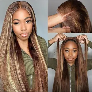 Wear and Go Glueless Wig for Beginners Highlight Ombre Glueless Striaght Hair Wigs No Glue Pre Cut 5x5 HD Lace closure Glueless Wigs Human Hair Pre Plucked P4/27 Honey Blonde Color 180% Density