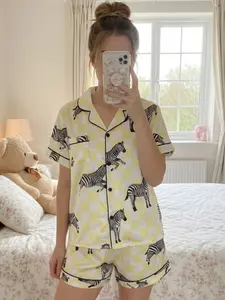 Women's Chessboard & Zebra Print Pajamas Set, Short Sleeve Shorts, Four Seasons Wear, Soft Comfortable Home Clothing