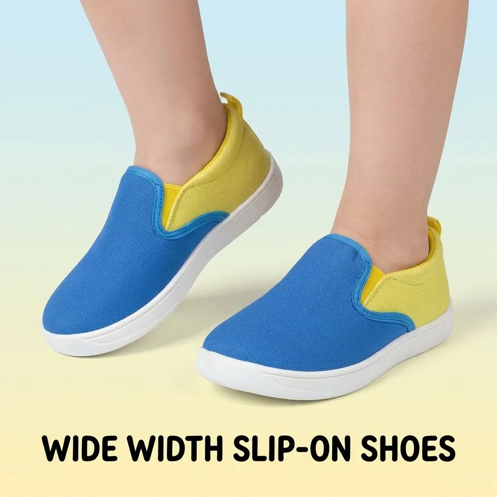 Boys' & Girls' Wide Width Slip-On Casual Sneakers, Rubber Sole, Round Toe, Breathable, Lightweight, Non-Slip, Flexible, Blue-Yellow 2-Tone, Comfortable Wide Toe Box