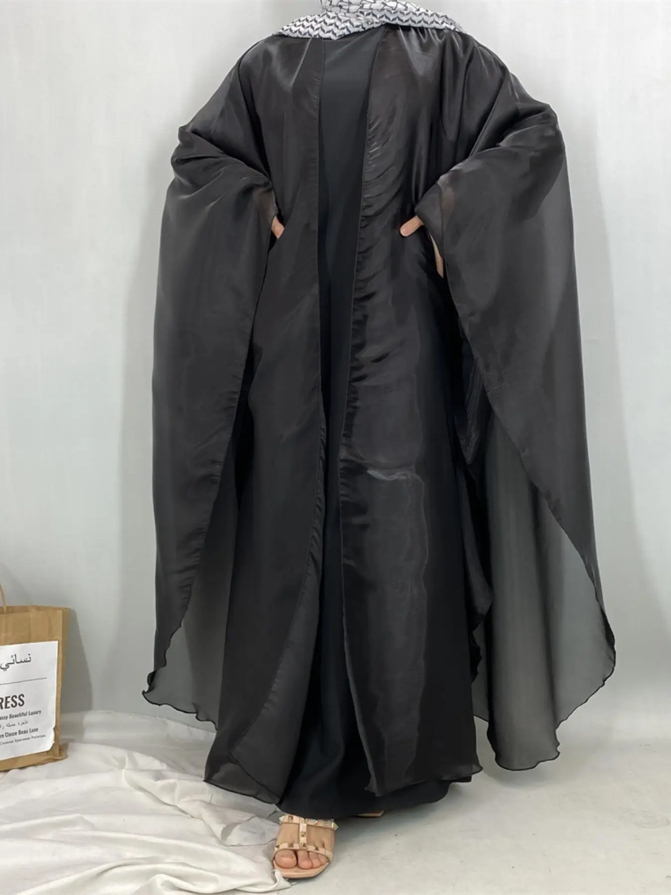 Women's Solid Color Bat Sleeve Abaya, Casual Open Front Long Sleeve Outerwear for Daily Wear, Ladies Clothes for All Seasons