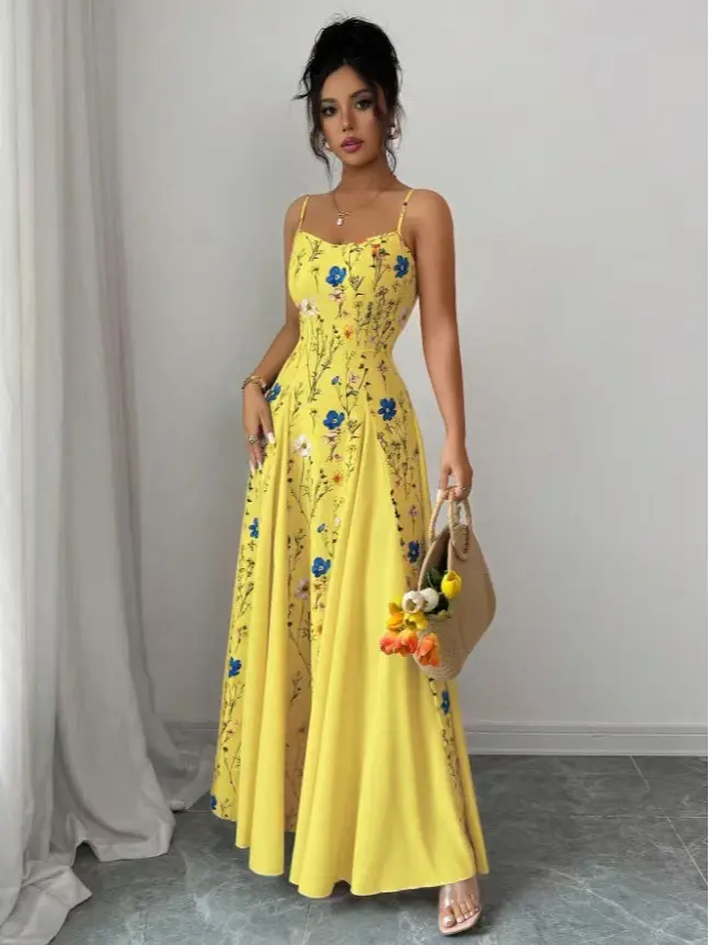 Women's Yellow Casual Elegant A-Line Sleeveless Maxi Dress - Lady's Stylish Summer Wear, Style, A-Line Cut, Floral Motif, Full Length