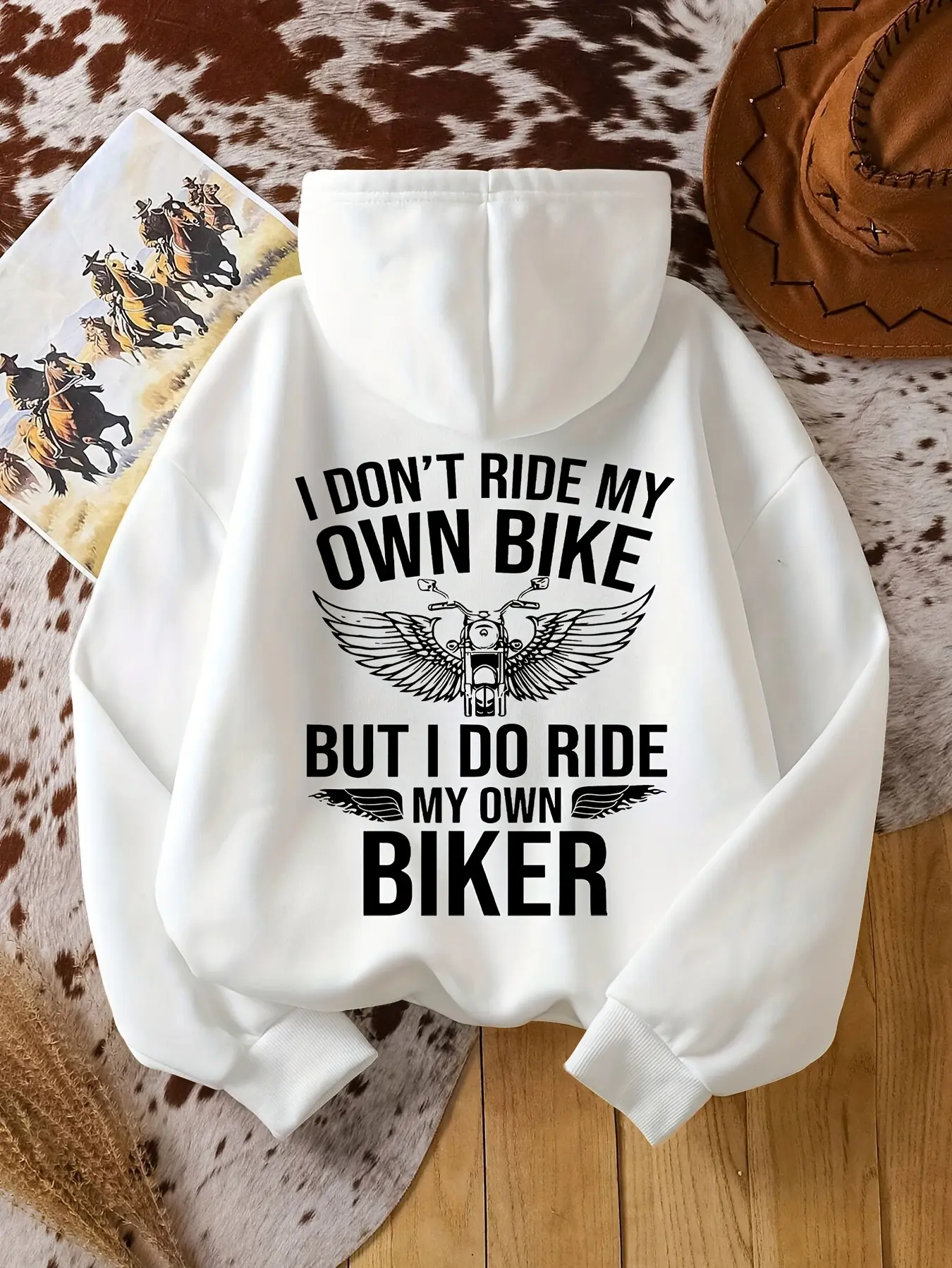 Women's Funny Motorcycle Slogan Hoodie - "I Don't Ride My But I Ride My Motorcycle" White Sweatshirt with Biker Lettering & Pocket, Motorcycle Enthusi fathersdaygift