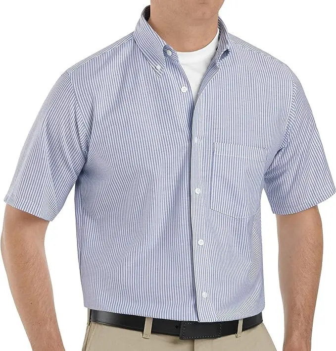 Red Kap Menswear Short-Sleeve Pleated Striped Oxford Workwear Dress Shirt - Fabric Yarn Construction, Classic Top with Pocket, Wrinkle-Resistant, Sweat-Wicking