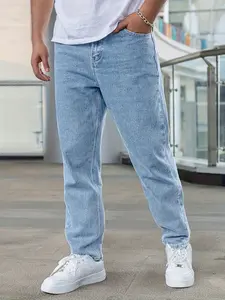 Men's Plain Polyester-Spandex Menswear Jeans, Viscose-Cotton Blend Smooth Tapered Trousers, Streetwear Casual Light Blue Bottoms for Daily Wear