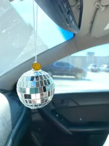 Disco Ball Car Charm: Retro Rearview Mirror Hanger with Smile