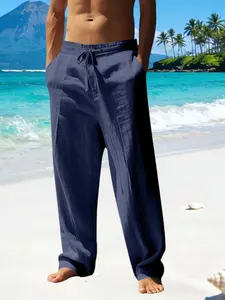 Men's Linen Casual Pants, Beach Straight Leg, Drawstring Elastic Waist, Summer Vacation Style, Loose Fit, Mid Waist, Solid Pattern