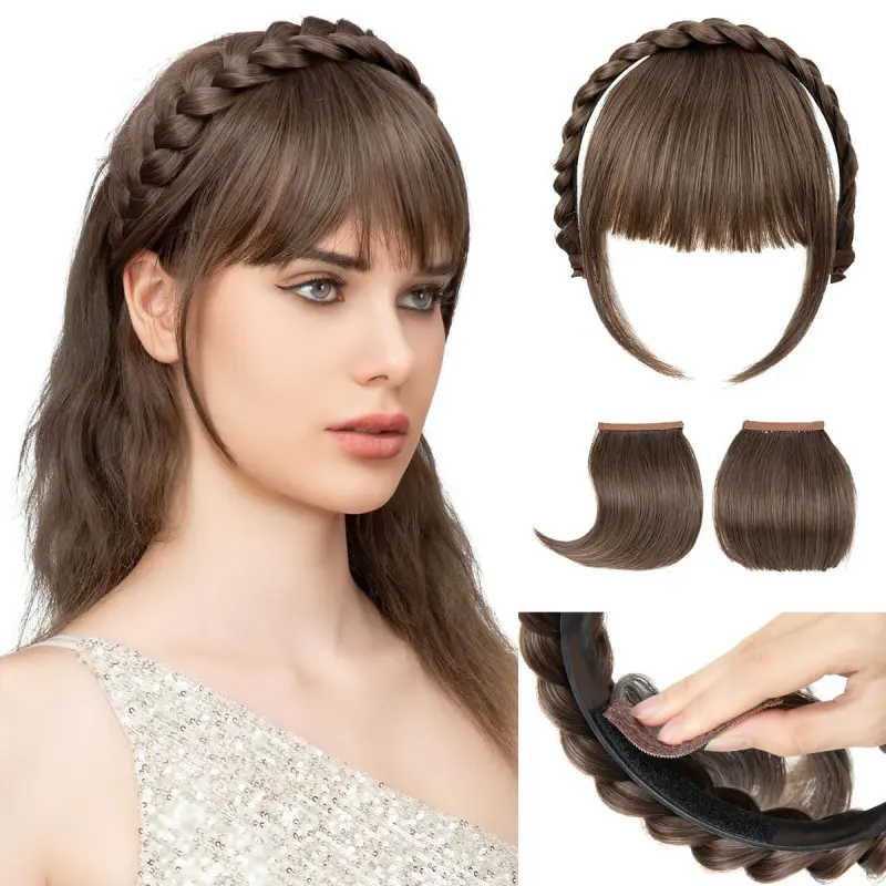 Women's Velcro Braided Headband with 3 Detachable Clip-On Bangs Fringe, Synthetic Hair Braid Hairpieces, Coffee Brown Accessories for Women, Angled, Boho Braids, Casual