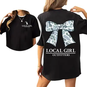 Local Girl Outfitters Oversized White Tee for Women, Soft Cotton Camo Bow Graphic, Cute Preppy Southern Style, Perfect Gift for Coastal Cowgirl