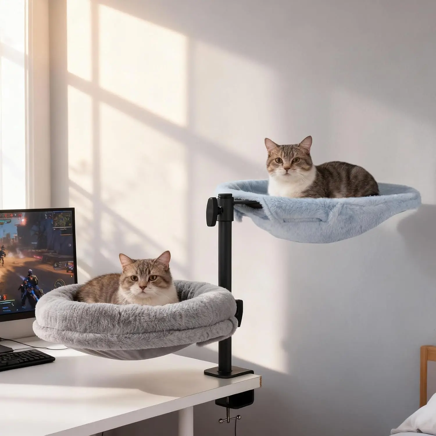 Odoland Cat Desk Bed, 360° Rotatable Adjustable Height Cat Hammock Bed for Home Office, Comfortable Soft Desk Kitten Nest with 2 Washable Fabrics for All Seasons