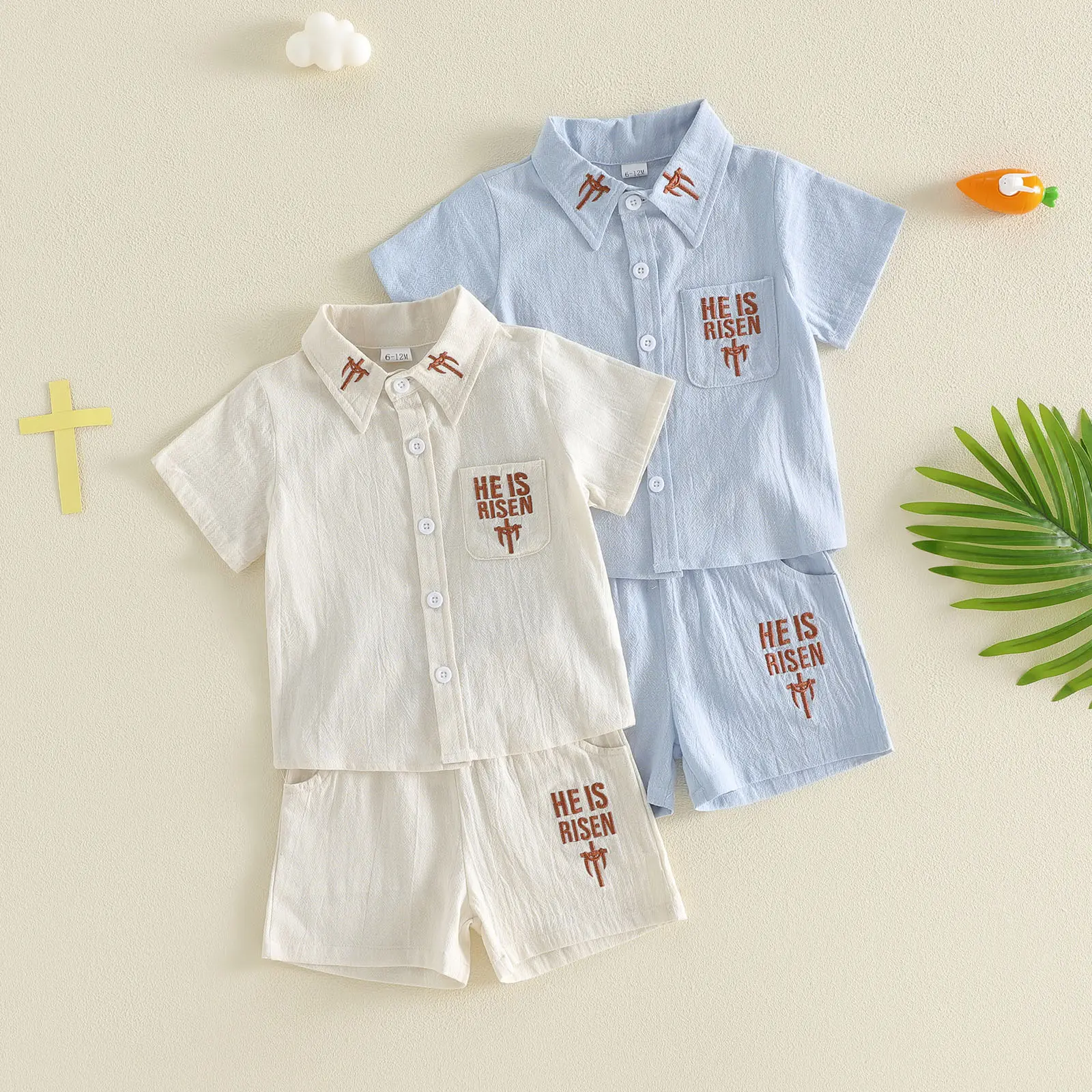 Babamoon Kids Toddler Baby Boys Easter Outfits Set Letter Cross Embroidered Button Down Short Sleeve Shirt Tops with Shorts 2Pcs Clothes Set