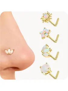 Nose Rings Studs for Women Stainless Steel L Shaped Nose Studs Tiny Opal CZ Sunflower Turquoise Bee Planet Geometric Nose Piercing Jewelry